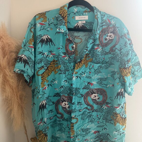 Turquoise Unisex Tiger and Dragon Printed Collared Button Down - Size Large - Picture 4 of 4